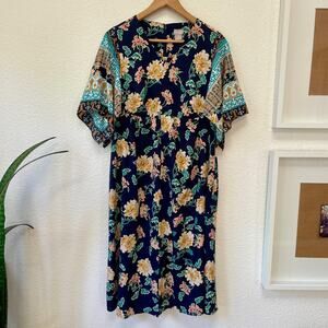 Chico's Floral Kimono Maxi Dress Size 4 Petite Flowy Sleeves Lightweight V Neck